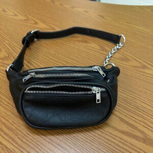 Black Leather Multi-Zipper Belt Bag Fanny Pack - Silver Chain Detai